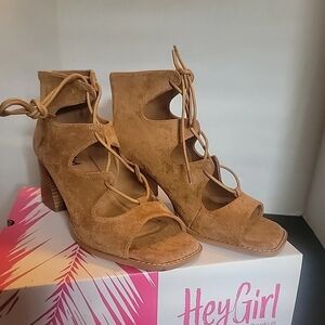 CORKY Wally-Women's Camel Suede Open-toe- Lace Up- Chunky Heel- Sz 8 Shoes Boots